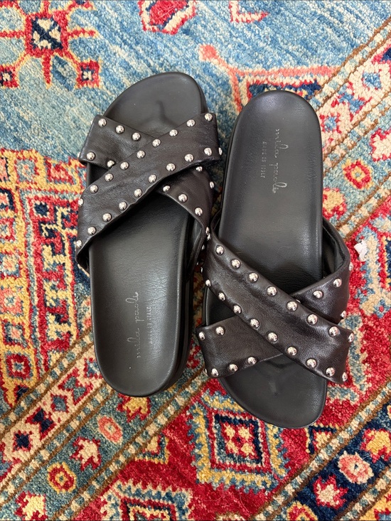 Vince Shoes - Mila Paoli Black Studded Leather Slide Sandals